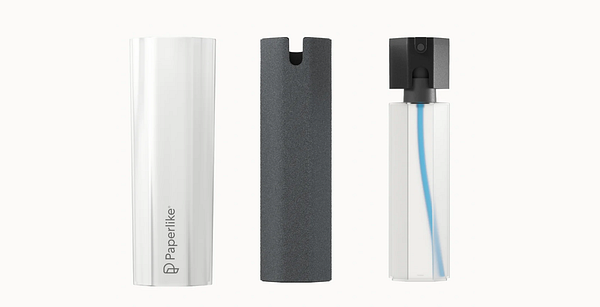 The image features a Paperlike cleaning kit for MacBook screens, including a spray bottle and a cleaning cloth holder.