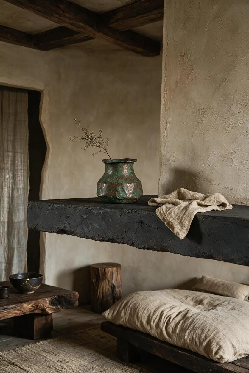 A serene rustic interior with rough plaster walls, dark wooden beams, and a thick black shelf holding a weathered green vase with a twig. Below, a low wooden bench with a beige linen cushion sits beside a small wooden table and bowl, creating a calm Wabi-Sabi atmosphere.