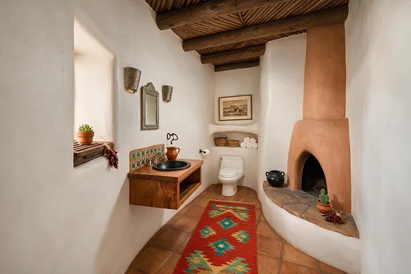 A narrow Southwestern powder room with white stucco walls, exposed wood ceiling beams, terracotta floor tiles, and a curved kiva-style fireplace. A floating wooden vanity with a black vessel sink sits beside a small window, and a colorful woven runner adds pattern down the center of the room.