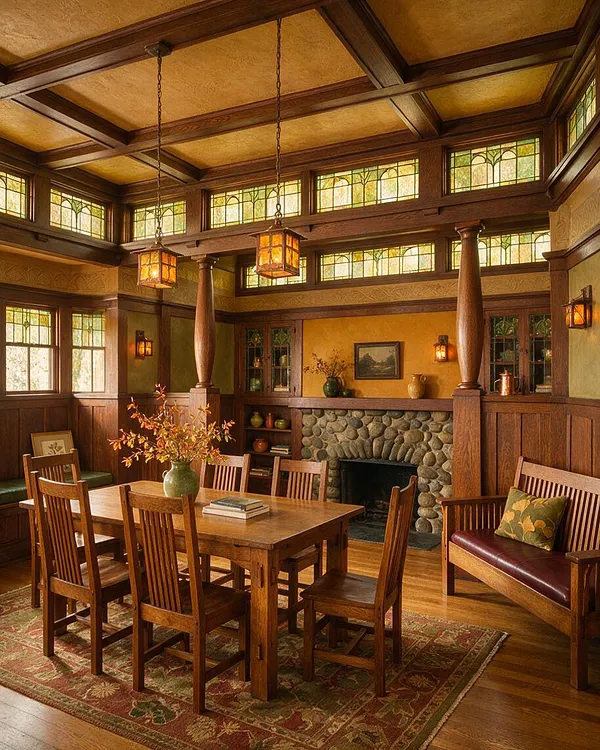 A Craftsman-style sunroom with rich wood paneling, a coffered ceiling, and bands of stained-glass windows near the top of the walls. The room includes a wooden dining table and chairs on a patterned rug, pendant lantern lights, a stone fireplace, and a built-in bench with a leather cushion.