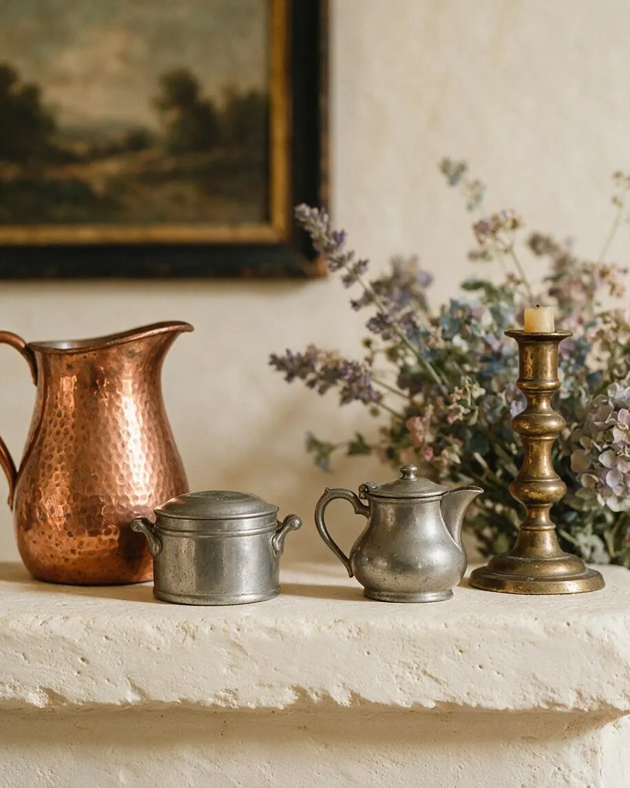 A French Country mantel styled with a hammered copper pitcher, two small pewter-colored vessels, and a brass candlestick on a pale limestone ledge. Soft dried florals and a framed landscape painting create a warm, aged, rustic atmosphere.