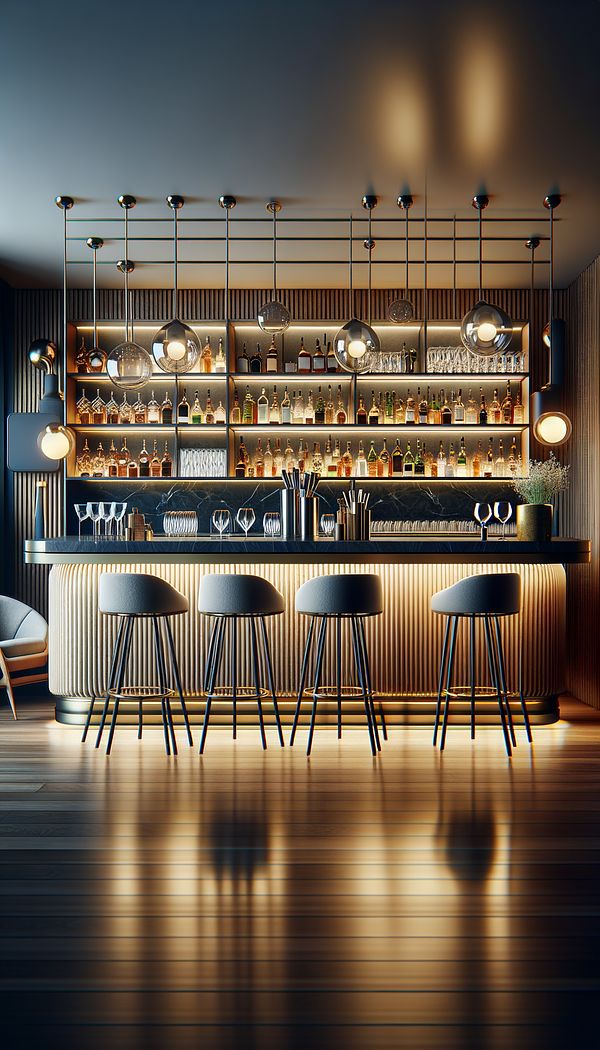 a modern home bar setup with sleek countertops, stylish stools, and ambient lighting