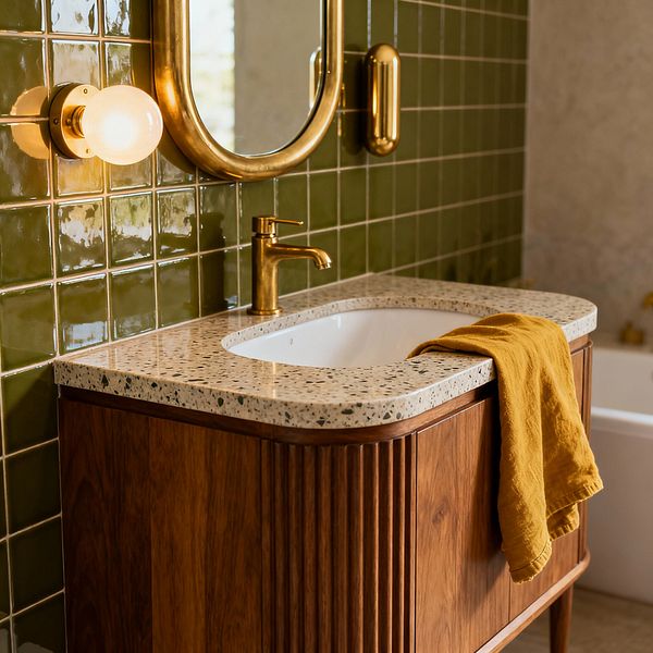 A mid-century modern bathroom vanity features a rounded walnut cabinet on tapered legs with a light terrazzo countertop and an undermount white sink. Olive green glossy square wall tiles, a brass faucet, a pill-shaped brass mirror, and a globe sconce create a warm, vintage look; a mustard yellow hand towel drapes over the edge, and a glimpse of a tub with brass fixtures appears in the background.