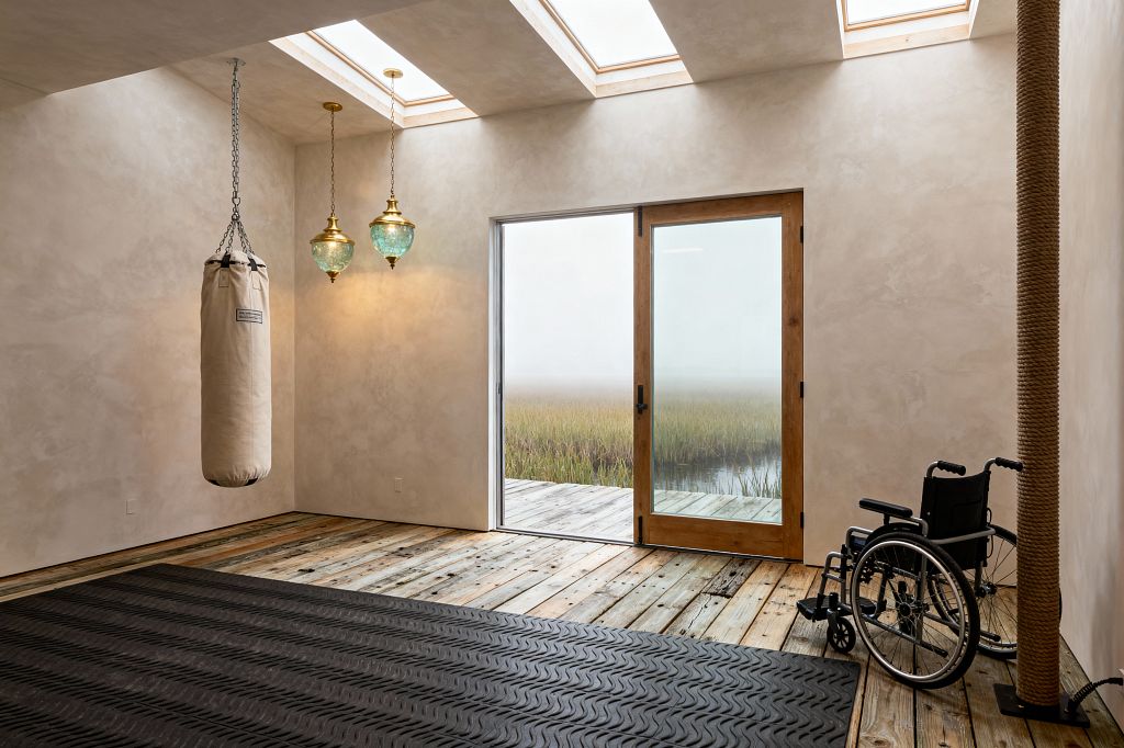A serene coastal home gym features limewashed beige walls and three skylights that flood the room with natural light, alongside a wood-framed sliding glass door overlooking a foggy marsh. A cream canvas punching bag hangs from a chain above reclaimed plank flooring and a charcoal, wave-pattern rubber mat; two brass pendants with aqua sea-glass shades warm the corner, a rope-wrapped column adds nautical texture, and a wheelchair near the door indicates open, accessible circulation.