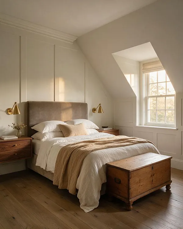 A serene transitional guest bedroom with a upholstered taupe bed, crisp white bedding, brass wall sconces, and a vintage wooden chest at the foot of the bed. Soft daylight enters through a large angled dormer window, highlighting white paneled walls and warm wood floors.