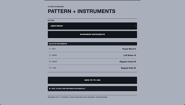 Interface of a musical instrument randomizer application showing a list of instruments with randomization triggered.