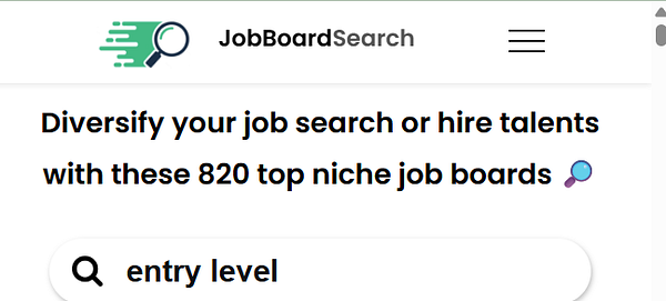 Screenshot of a job board search webpage displaying various job listings with filtering options on the left side.