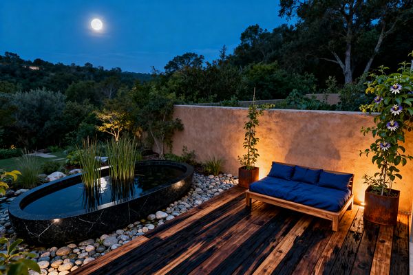 At night, a small patio features a weathered, charred-wood deck with a low wooden daybed topped in deep navy cushions. A sand-colored stucco wall is softly up-lit, flanked by rusted steel planters with flowering vines. An oval black stone water basin planted with tall reeds sits in a bed of smooth river pebbles. Trees and hills fill the background under a bright moon.