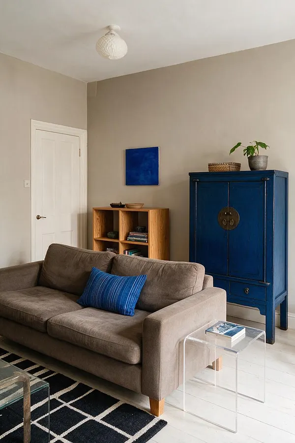 A cozy eclectic living room with beige walls, a taupe sofa with a blue striped cushion, a black-and-white geometric rug, and a deep blue storage cabinet. A small wood cubby shelf and clear acrylic side tables add mixed textures and materials.