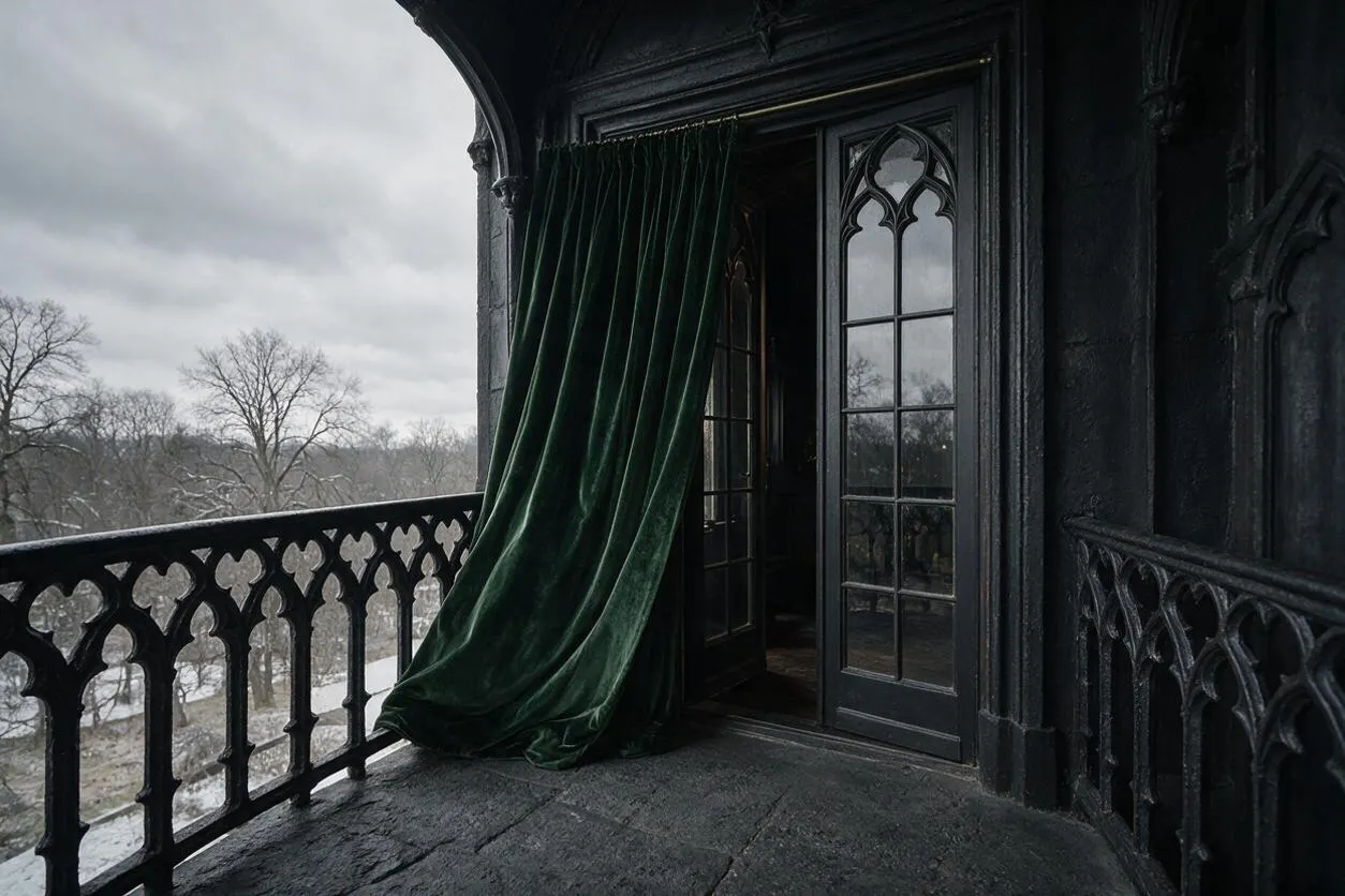 A dark Gothic-style balcony or exterior landing with pointed-arch openings, black carved stone railings, and tall French doors. A heavy deep green velvet curtain hangs partly open beside the doorway, with a wintry landscape and bare trees visible beyond the balcony.