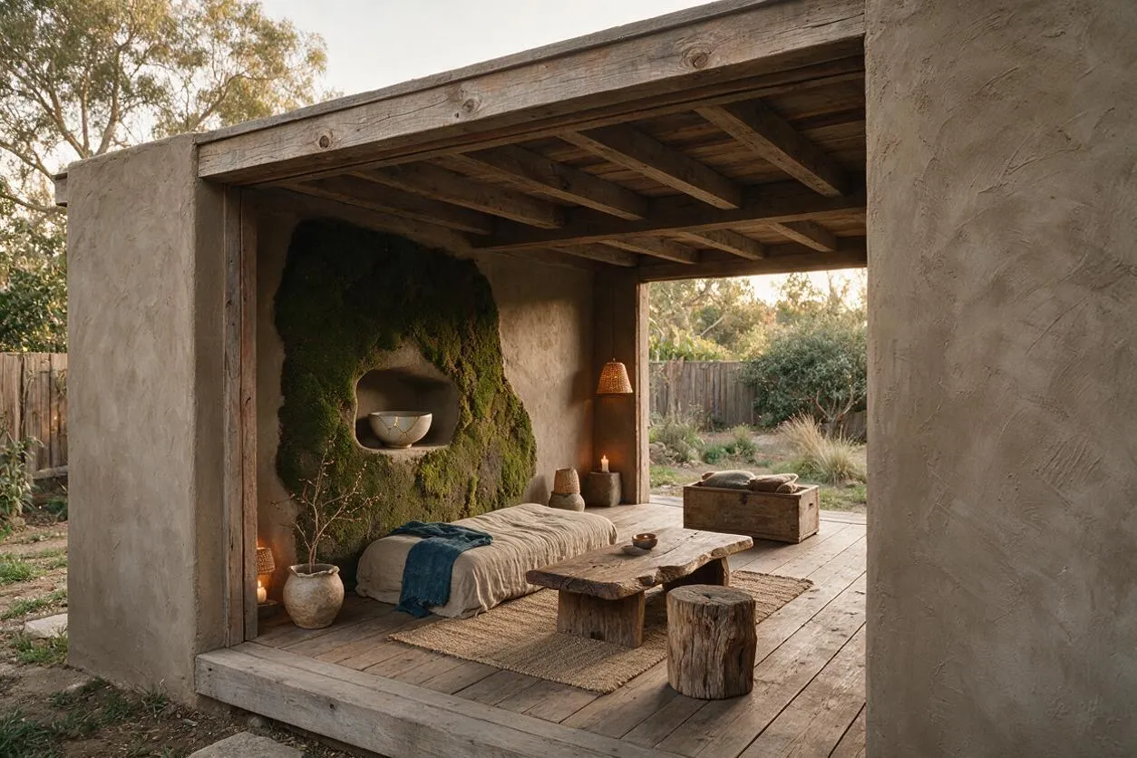 A serene backyard lounge with rough plaster walls, exposed wooden beams, and a weathered timber floor. Inside the open shelter are a low bed, rustic coffee table, log stool, woven rugs, pottery, and a moss-covered accent wall with a niche, creating a calm natural retreat.