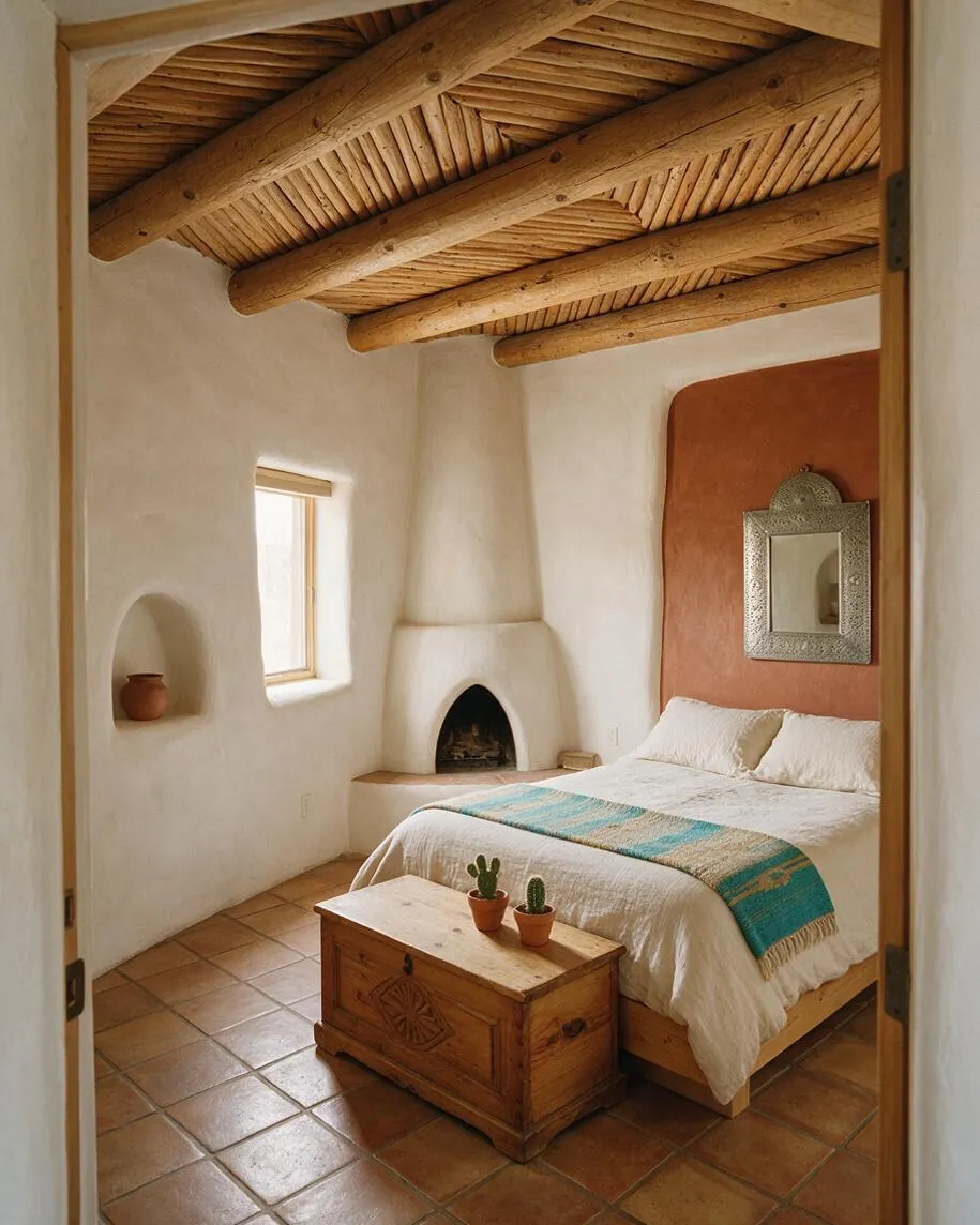 A Southwestern-style master bedroom with white plaster walls, exposed log beams, a terracotta accent wall, and a curved adobe fireplace. The room features a low wooden bed with white bedding, a turquoise woven throw, a carved wooden chest at the foot of the bed, and warm terracotta tile flooring.