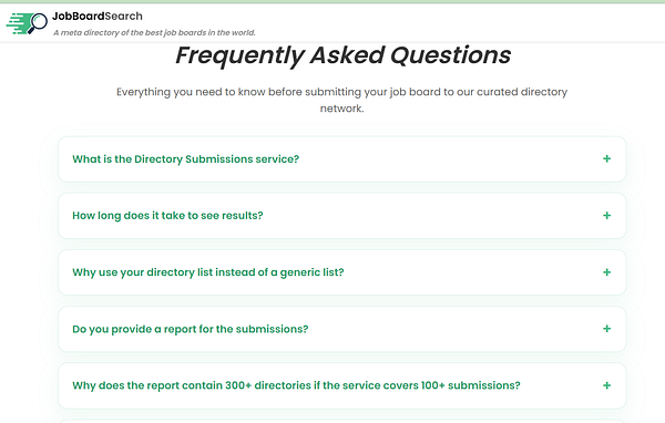 Screenshot of a FAQ section layout for a directory submission page.