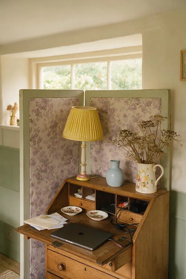 A cozy cottagecore home office nook features a vintage wooden bureau desk with a drop-down work surface, floral wallpapered privacy panels, and a pleated yellow table lamp. Small ceramic vases, a floral pitcher with dried flowers, and delicate dishware add a handmade, collected feel, while soft daylight streams through a large window behind the setup.