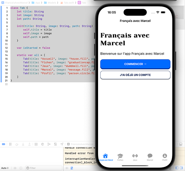 The image displays a coding interface alongside a mobile app interface for 'Français avec Marcel'.