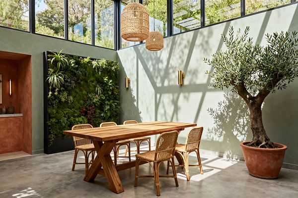 A sunlit dining room features a long solid-wood trestle table with six rattan chairs beneath two woven pendant lights. Black-framed clerestory windows and skylights cast shadows on sage-green plaster walls, accenting a lush living plant wall, brass sconces, and a mature olive tree in a terracotta pot on a polished concrete floor; to the left, a terracotta-toned alcove with a slim countertop and ceramic vessels completes the biophilic space.