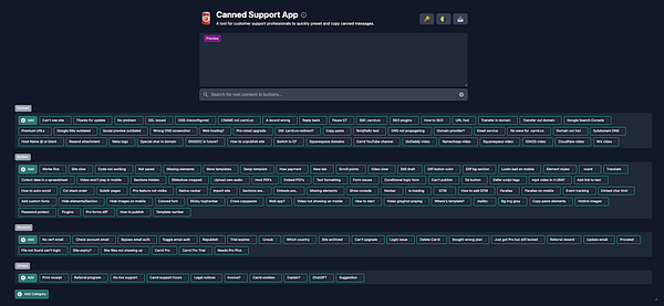The image displays the interface of the Canned Support App, showcasing various preset messages for customer support.