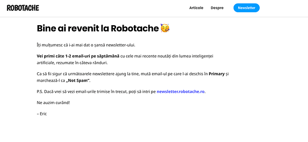 A welcome message for a newsletter from Robotache, addressing cold subscribers.