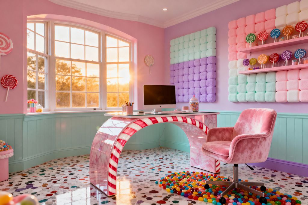 A sunlit home office in a Candy Land theme features a glossy, candy‑cane arched desk with a glass top, paired with a blush pink velvet swivel chair. Bubblegum pink walls meet mint green wainscoting, while pastel tufted wall panels and floating shelves lined with lollipops add playful texture. A large arched window, terrazzo-style white floor with multicolored chips, and a jelly‑bean rug complete the whimsical yet functional workspace.
