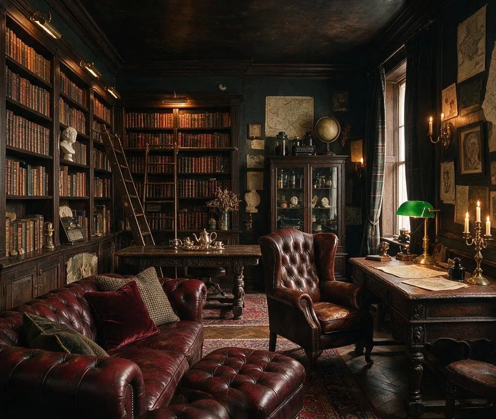 A living room in the Dark Academia style