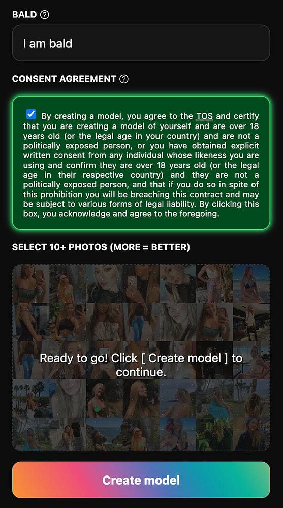 The image displays a user interface for creating a model with a consent agreement and a photo selection grid.