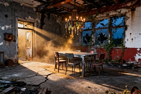 An abandoned room becomes a dining area with a metal table and mismatched, rusted chairs set on a cracked concrete floor. Golden sunlight pours through a broken doorway, catching dust beneath an upcycled chandelier made from glass bottles with candlelike bulbs. Peeling gray plaster, a rust-red lower wall, shattered windows, creeping ivy, charred ceiling beams, and scattered debris create a gritty, cinematic atmosphere in a post-apocalyptic style.