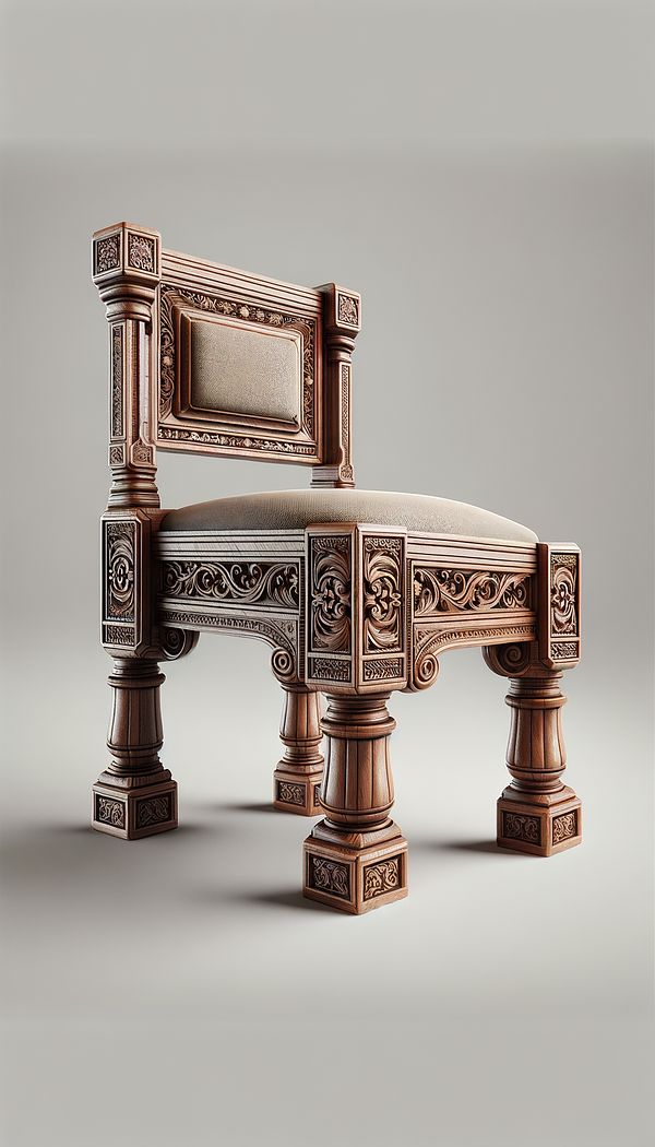 A vintage wooden chair with ornately carved corner blocks at the joints, adding to the chair's aesthetic appeal while providing structural support.