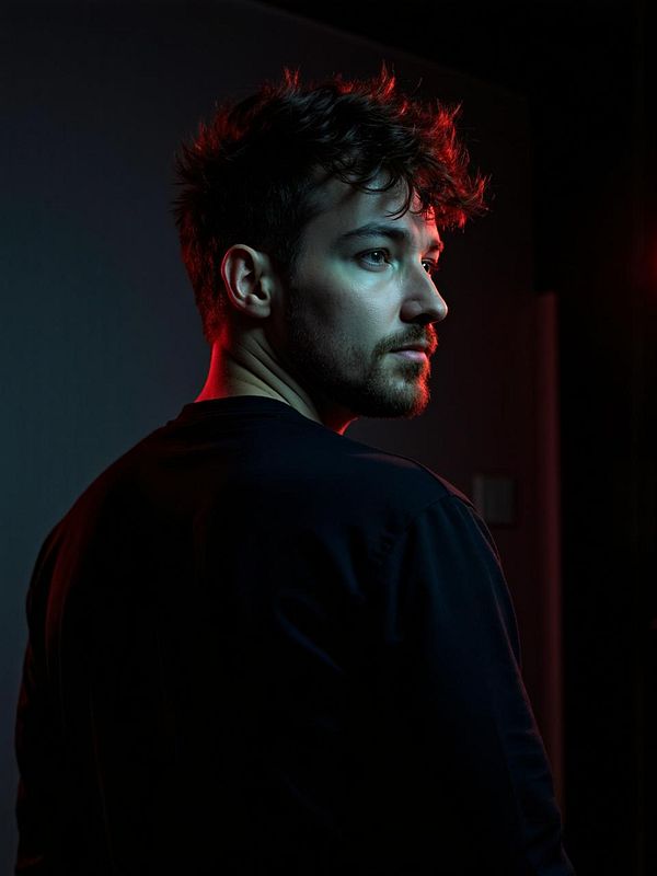 A man with tousled hair is captured in a dramatic portrait with contrasting lighting.