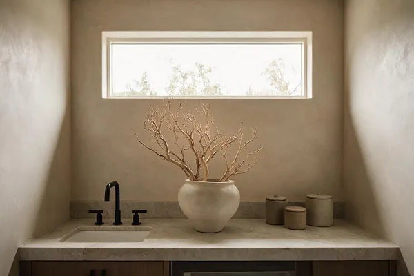 A narrow laundry room with soft beige plaster walls, a long stone countertop, and a small under-mount sink with matte black faucet and handles. A large rounded ceramic vase with dried branches sits centered on the counter, with three small neutral containers to the right and a slim horizontal window bringing in bright natural light.