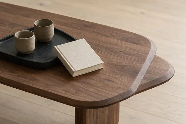 A low, rounded rectangular walnut table with softly curved edges sits on a light wood floor. On top, a matte black tray holds two small earthy ceramic cups, alongside a small beige fabric-covered book or box, creating a calm Japandi-style vignette.