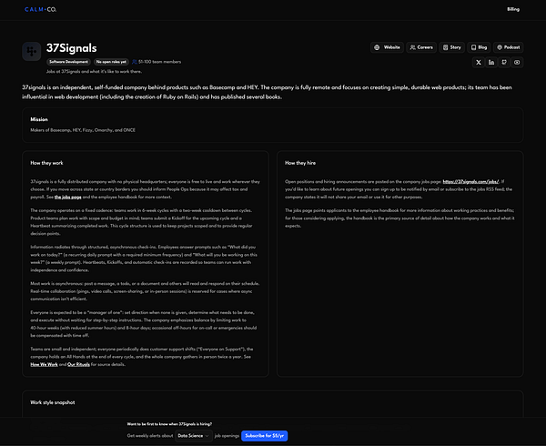Screenshot of a Company profile page on a website displaying an enriched company overview with various details and highlighted sections.