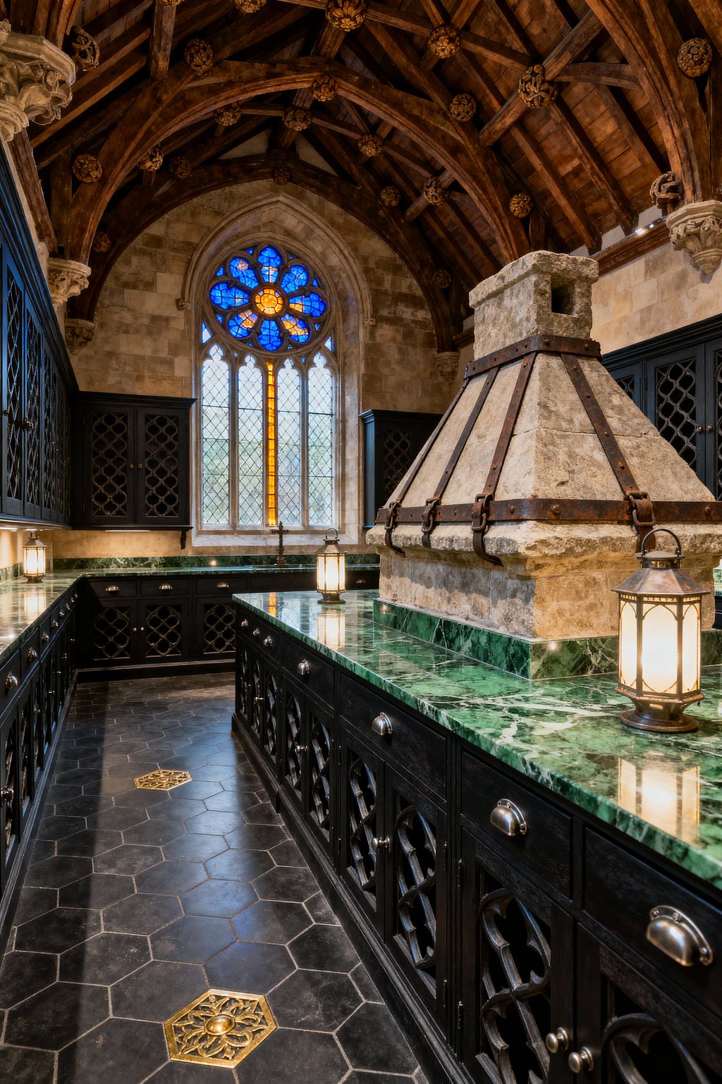 A richly detailed Gothic kitchen occupies a stone-walled room with a timber barrel-vaulted ceiling and carved bosses. A stained-glass rose window and leaded lancets light dark, tracery-front cabinets topped with emerald green marble. A monumental limestone range hood strapped with iron anchors the center. The floor is black hexagonal stone with brass medallion inlays, and lantern-style lights glow along the countertops.