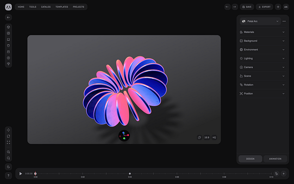 A 3D modeling interface displaying a colorful object with a petal-like design.