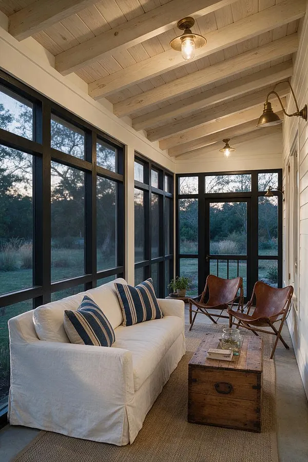 A covered farmhouse-style backyard porch with white-painted exposed ceiling beams, black-framed screened windows, and warm brass light fixtures. The space includes a white slipcovered sofa with blue striped pillows, two brown leather sling chairs, and a rustic wooden trunk coffee table on a natural jute rug.