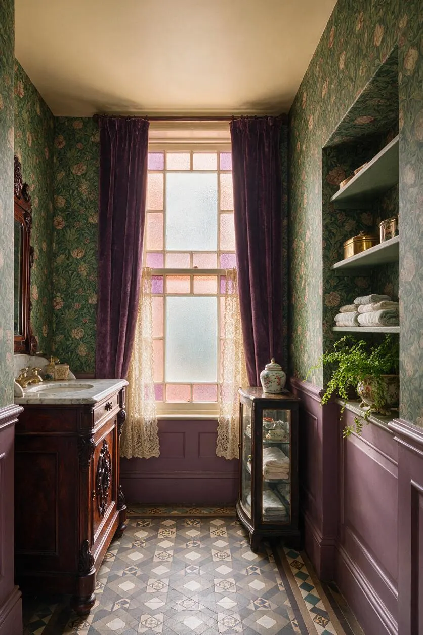 A narrow Victorian-style powder room with green floral wallpaper, deep purple velvet curtains, and a frosted stained-glass window centered at the back. A carved dark wood vanity with a marble sink sits on the left, while open shelves and a glass-front cabinet with folded towels and greenery line the right wall.