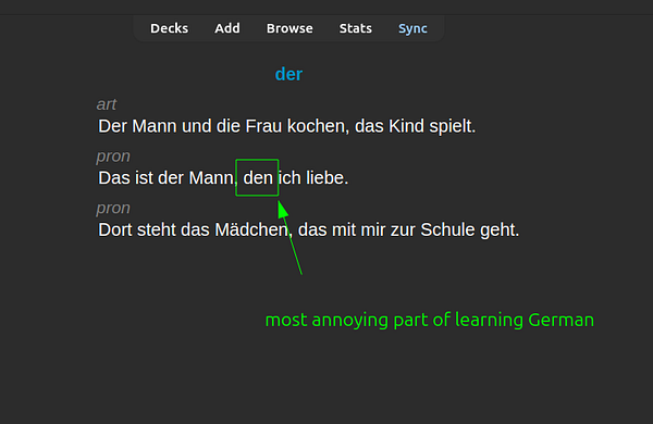 Illustration of a man reading a book with German vocabulary words and their English translations around him.