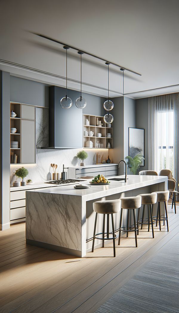 A modern kitchen with a large, marble-topped island at the center, equipped with a sink and surrounded by bar stools.