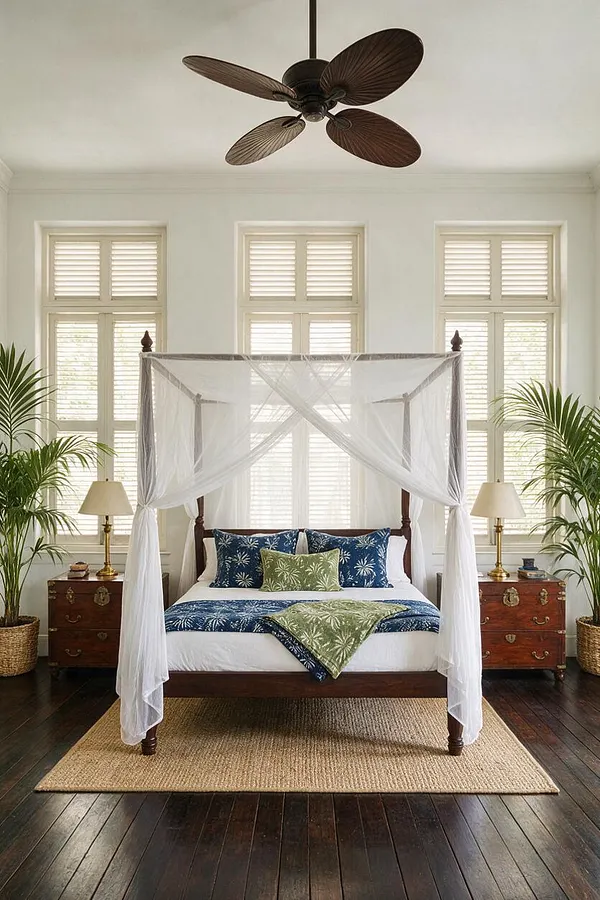 A bright tropical master bedroom with a dark wood four-poster bed draped in sheer white canopy fabric, layered blue and green botanical bedding, and matching wooden nightstands on both sides. Large windows with white plantation shutters, potted palms, a woven area rug, and a dark ceiling fan complete the airy, resort-like space.