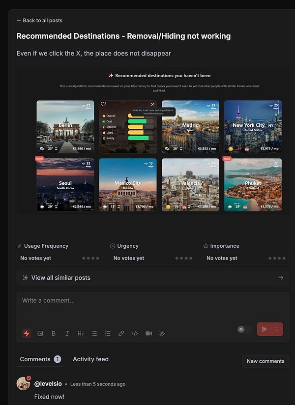 The image displays a user interface for recommended travel destinations with a focus on a bug report regarding the removal feature.