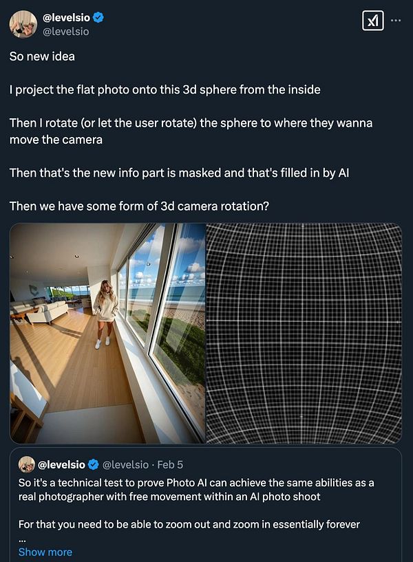 A person stands in a well-lit room with large windows, while a digital grid pattern is displayed on the right side.