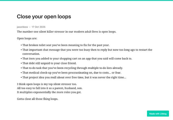 The image features a blog post titled 'Close your open loops' discussing the stress caused by unresolved tasks.