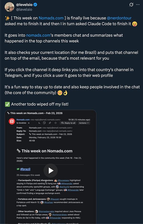 Screenshot of a tweet by Pieter Levels announcing the launch of the Nomads newsletter on X with follower and engagement statistics.