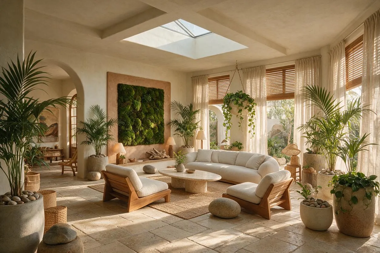 A bright front porch styled with biophilic design features cream plaster walls, a central skylight, and floor-to-ceiling windows with sheer curtains and wood blinds. The space includes a curved sectional sofa, wooden lounge chairs, a stone coffee table, many potted palms and hanging plants, and a green moss wall centerpiece.