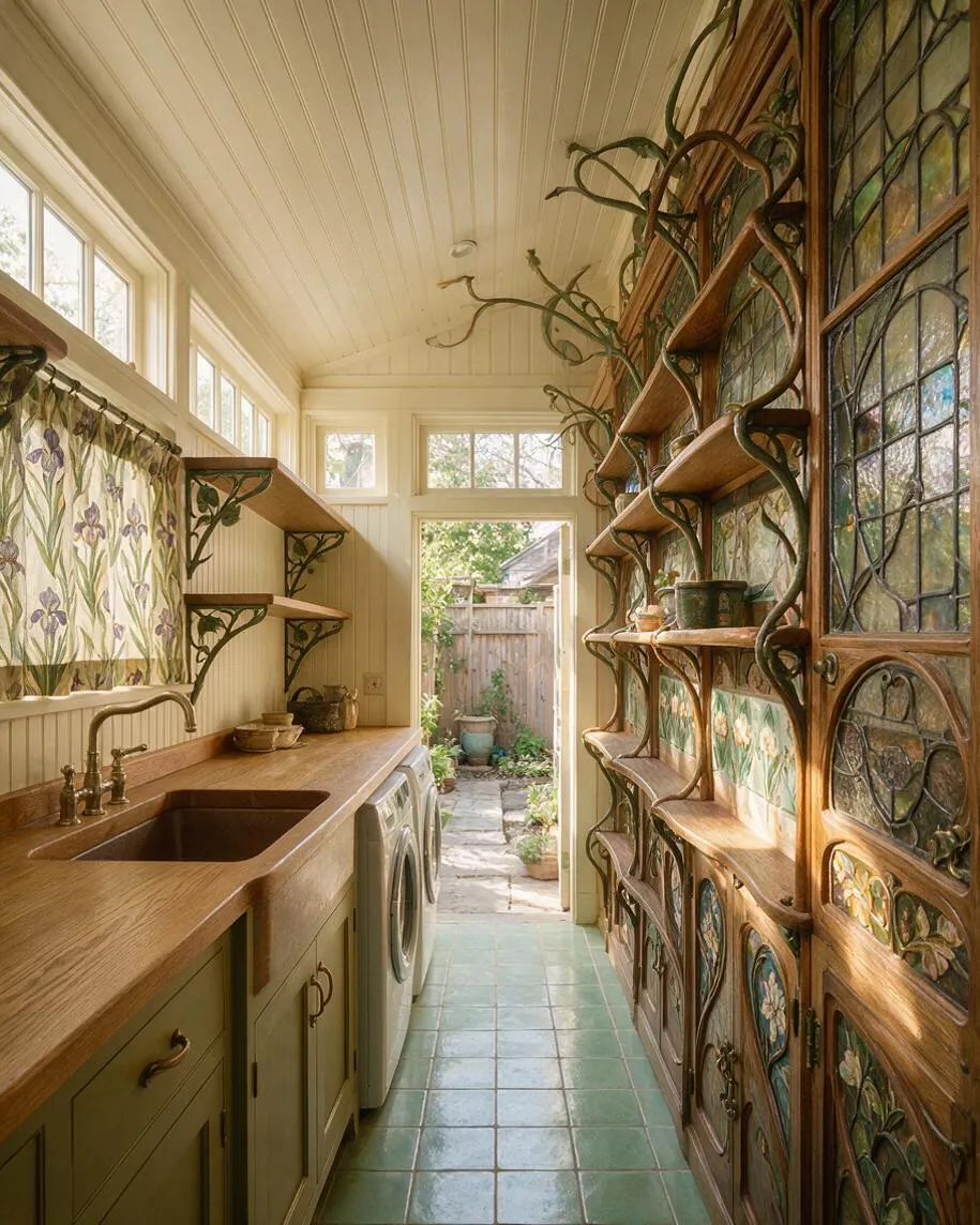 A narrow backyard utility room with an Art Nouveau influence, featuring a wood countertop and sink on the left, a washing machine beneath open shelving, and an ornate built-in cabinet on the right with flowing carved wood details and stained-glass-style panels. The room opens to a small garden courtyard at the far end, with cream walls, a pale paneled ceiling, and soft green floor tiles.