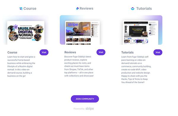 The image features a layout showcasing three distinct sections for a course, reviews, and tutorials related to digital entrepreneurship.