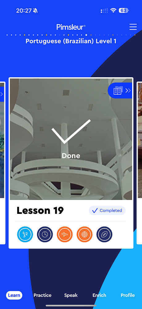 The image displays a mobile app interface for Pimsleur's Portuguese language course.