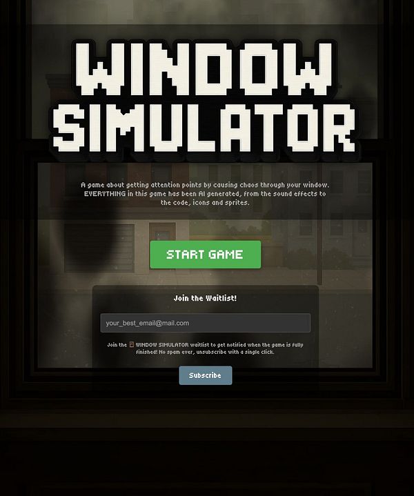 The image displays a landing page for a game called 'Window Simulator' with options to start the game or join a waitlist.