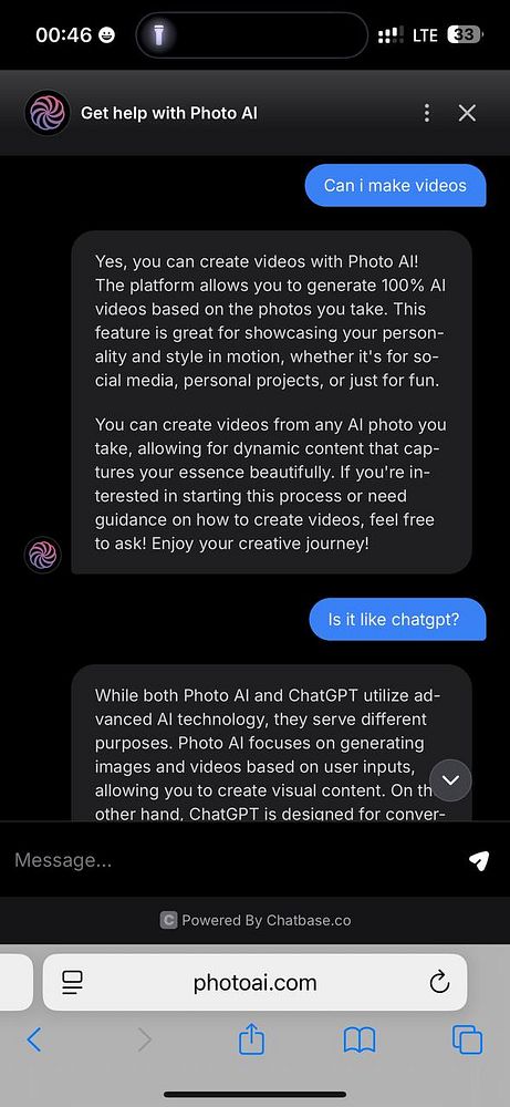 A chat interface discussing the capabilities of the Photo AI platform.