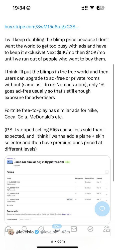 A screenshot of a tweet discussing pricing for blimp ads and related products.