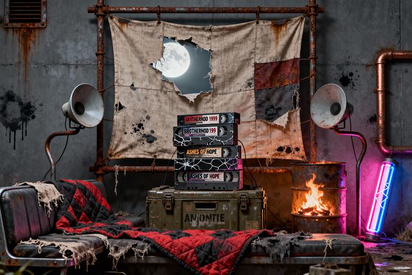 A post-apocalyptic media room features a torn canvas hung on rusted pipes with a jagged hole revealing a bright full moon. Below, a stack of VHS tapes sits on an olive drab ammo crate in front of a battered metal bench draped with a tattered red-and-black quilt. Two vintage horn speakers face inward. At right, a flaming steel barrel and a pink-blue neon tube light stained concrete walls and exposed copper pipes.